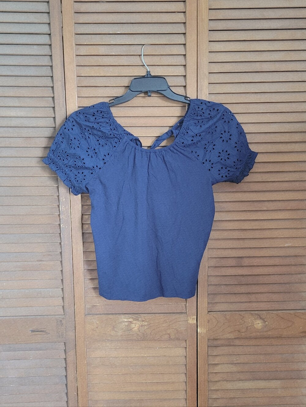 J. Crew Women's Navy Blue Eyelet Puff Sleeve Peasant Blouse with Back Tie | NWT